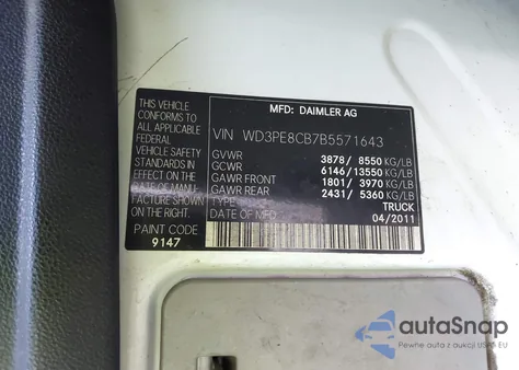 2011 Mercedes-Benz Sprinter 2500 High Roof z USA, uszkodzony, nr VIN WD3PE8CB7B5571643